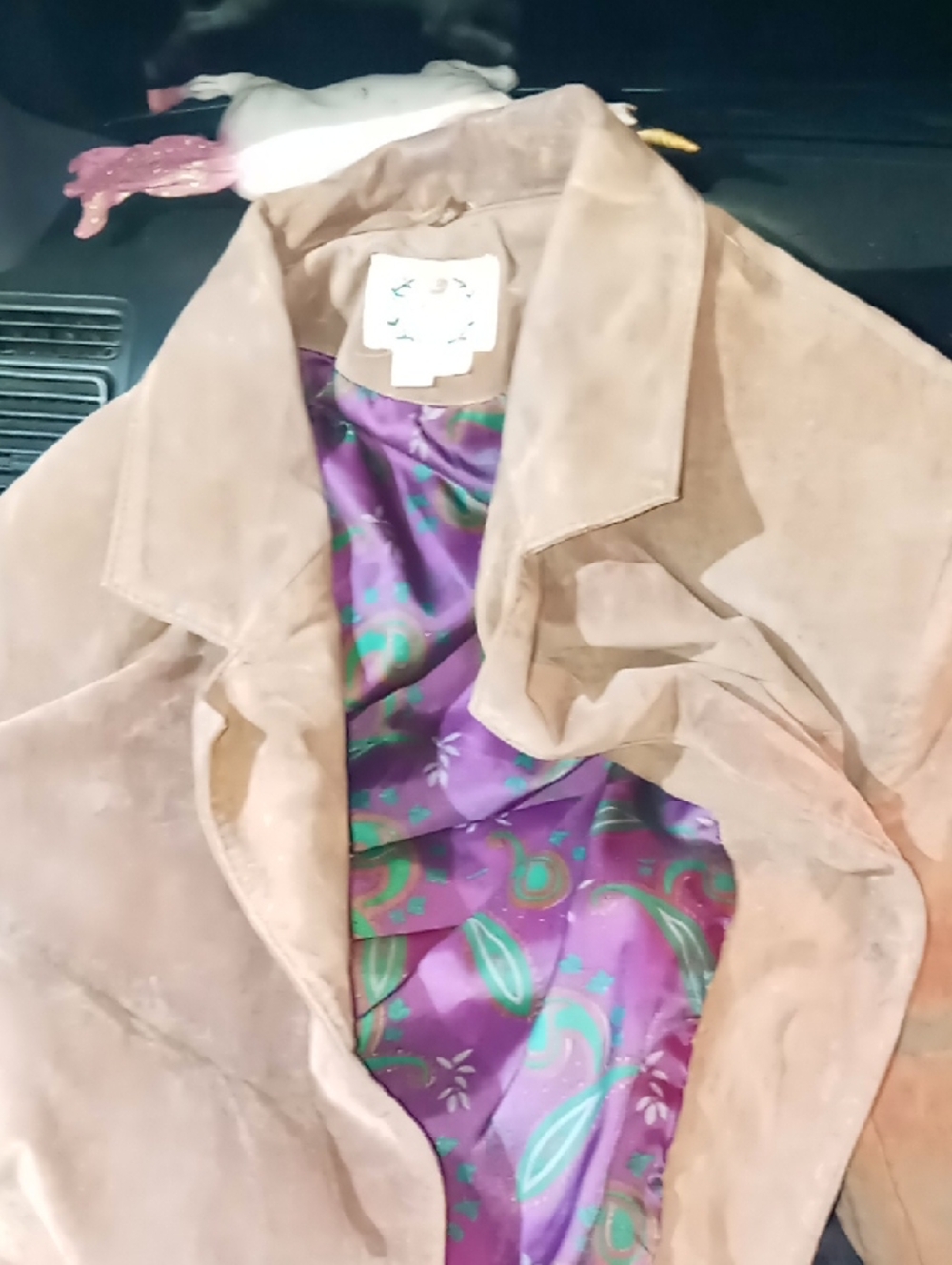 Women's Suede Leather Jacket in Light Brown with Patterned Purple Lining